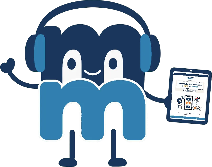 MuddleMend mascot wearing headphones and holding a tablet